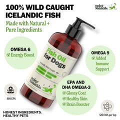 Deley Naturals dog fish oil cap close-up highlights DHA and EPA for skin support.