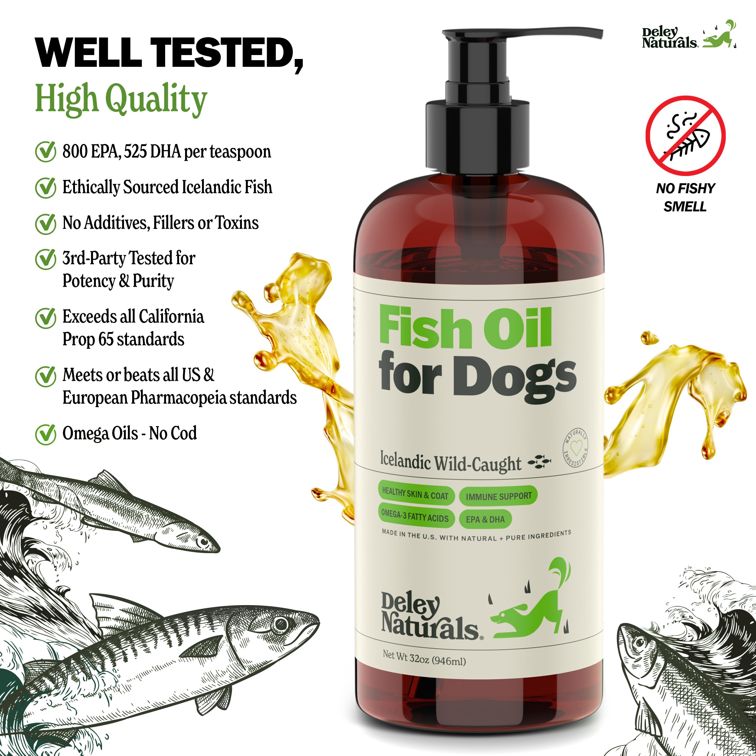 Deley Naturals dog fish oil heart-immune image highlights cardiovascular and immune support.