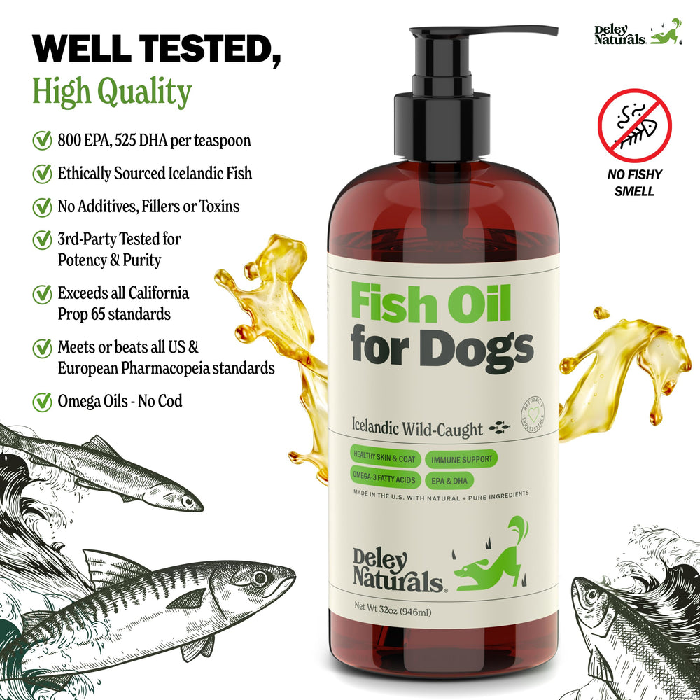 Deley Naturals dog fish oil heart-immune image highlights cardiovascular and immune support.