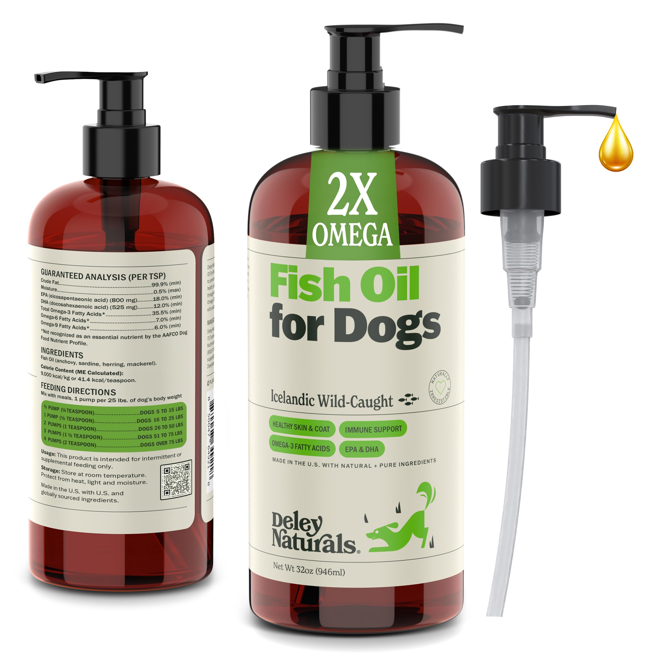 Deley Naturals dog fish oil Icelandic bottle promotes coat health and skin comfort.