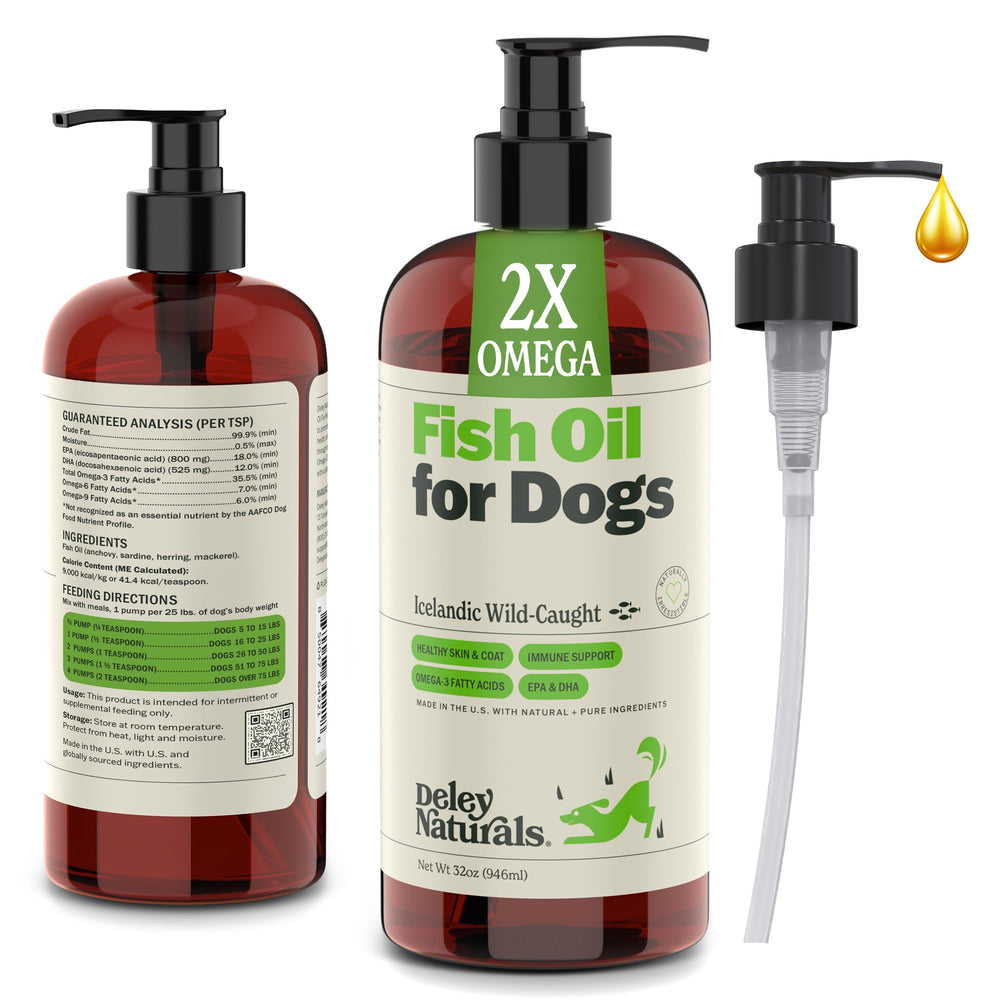 Deley Naturals dog fish oil Icelandic bottle promotes coat health and skin comfort.
