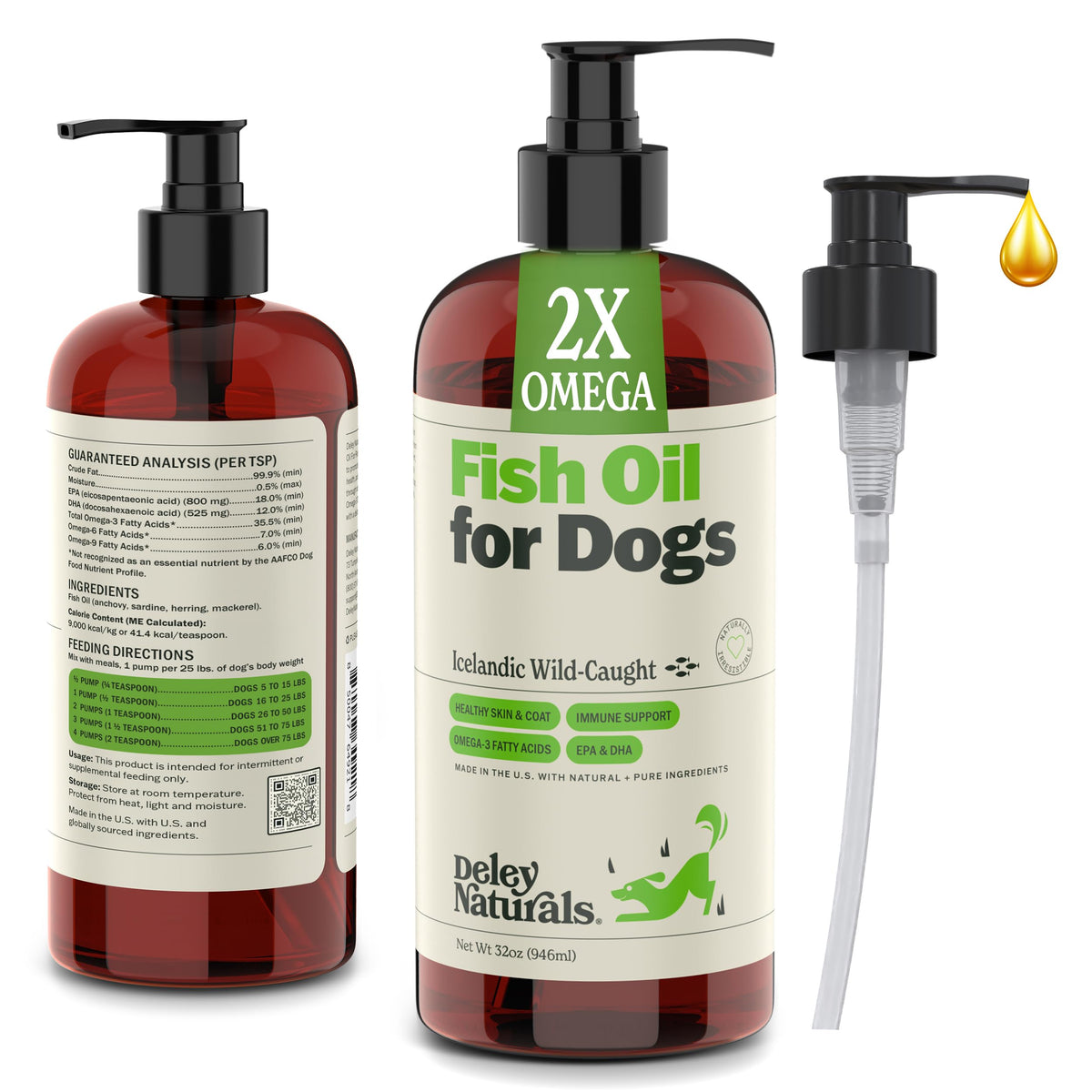 Deley Naturals dog fish oil Icelandic bottle promotes coat health and skin comfort.