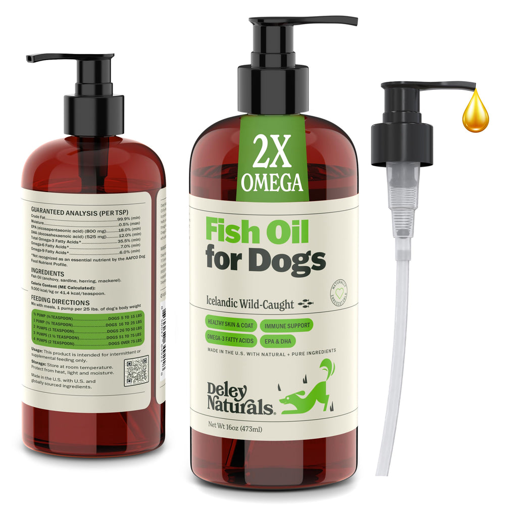 Deley Naturals dog fish oil Icelandic bottle pour supports joint mobility and shiny coat.