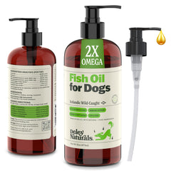 Deley Naturals dog fish oil Icelandic bottle pour supports joint mobility and shiny coat.