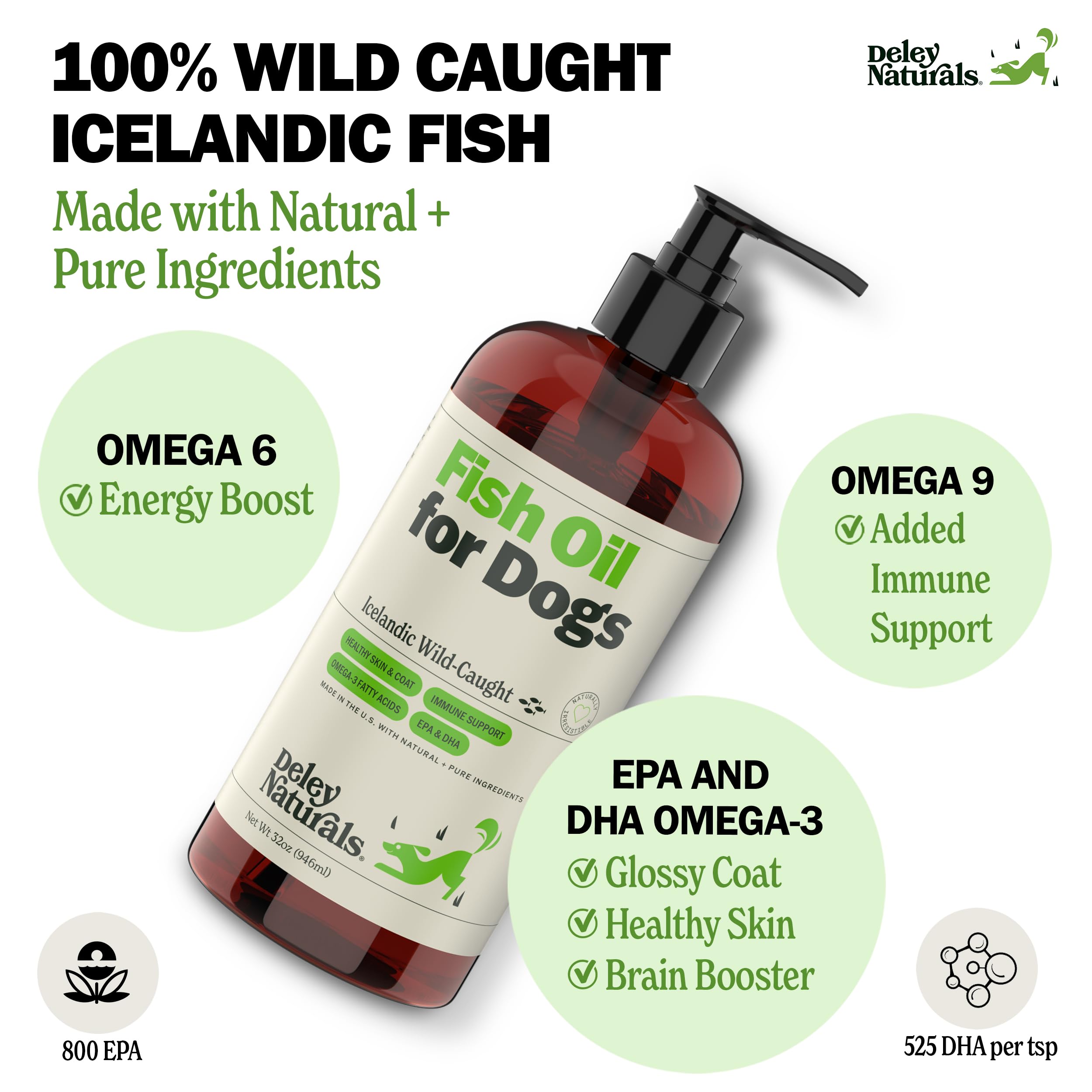 Deley Naturals dog fish oil Icelandic pour demonstrates easy mixing for joint mobility.