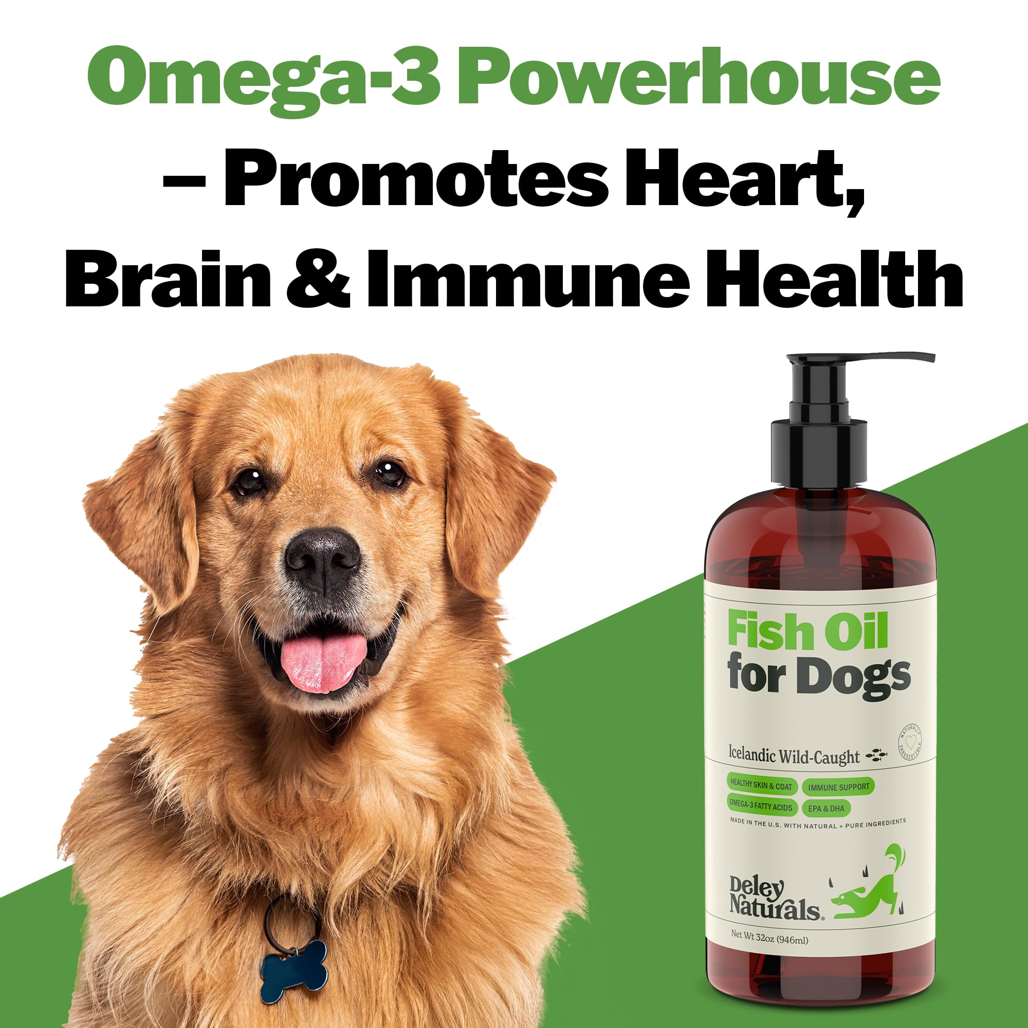 Deley Naturals dog fish oil skin-relief image supports healthy skin and itch relief.