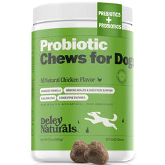 Deley Naturals dog probiotic chews bottle for daily gut support across breeds.
