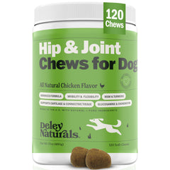 Deley Naturals hip and joint supplement bottle offers easy daily mobility support for dogs.