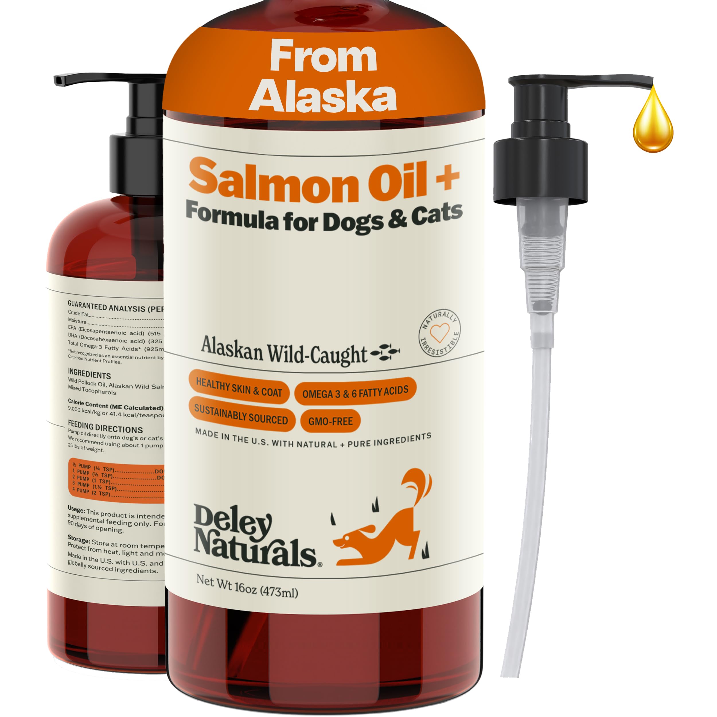 Deley Naturals Salmon Oil bottle closeup highlights omega-3 benefits for dogs