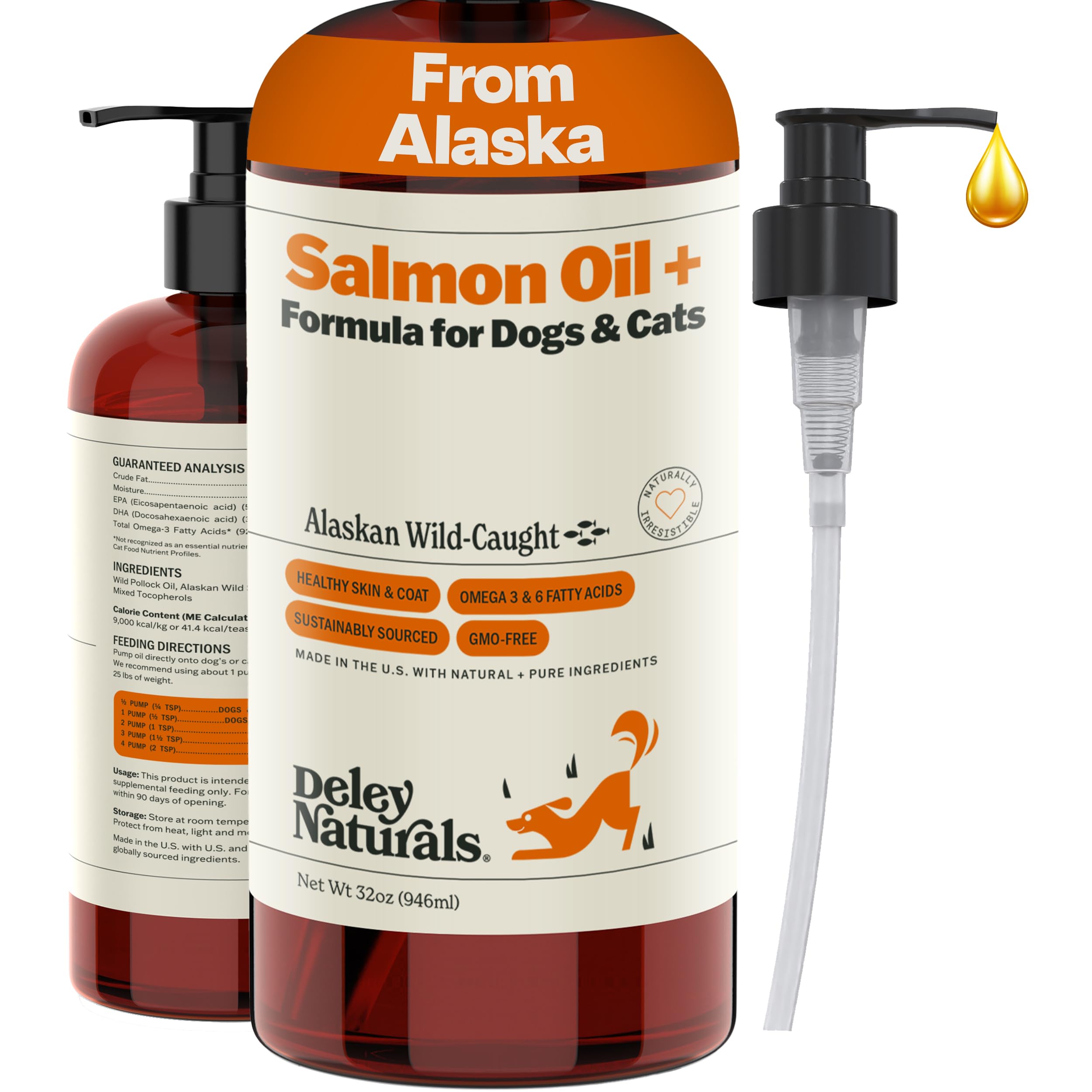 Deley Naturals salmon oil bottle pour supports easy daily dosing for healthy skin