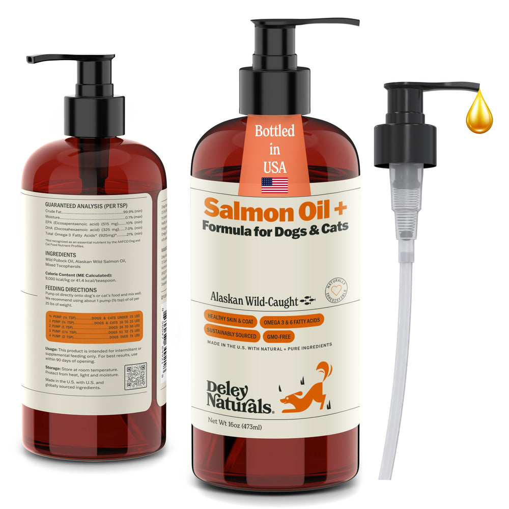 Deley Naturals Wild Alaskan Salmon Oil pours onto dish signaling easy feeding