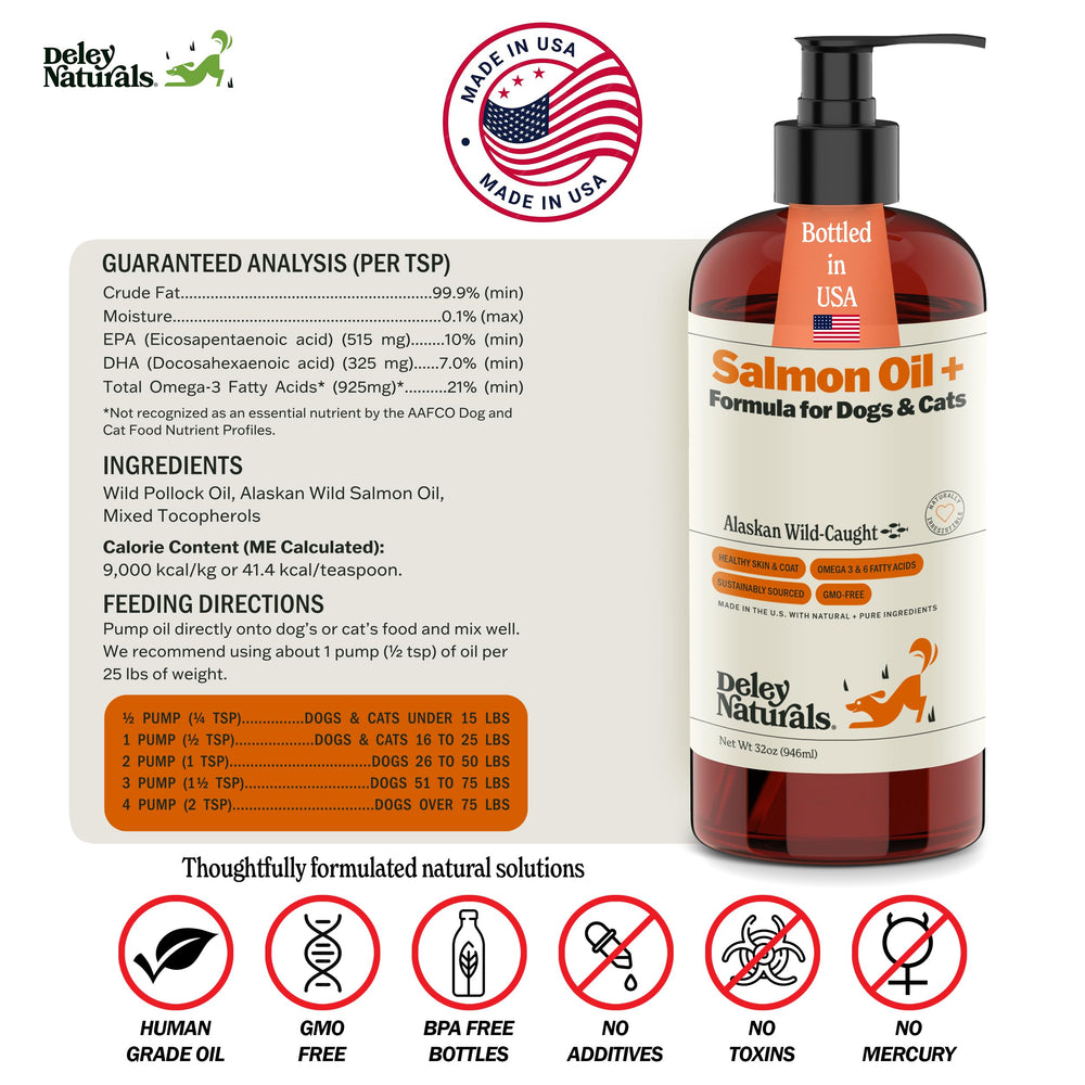 Pets love the natural flavor of Deley Naturals salmon oil during meals
