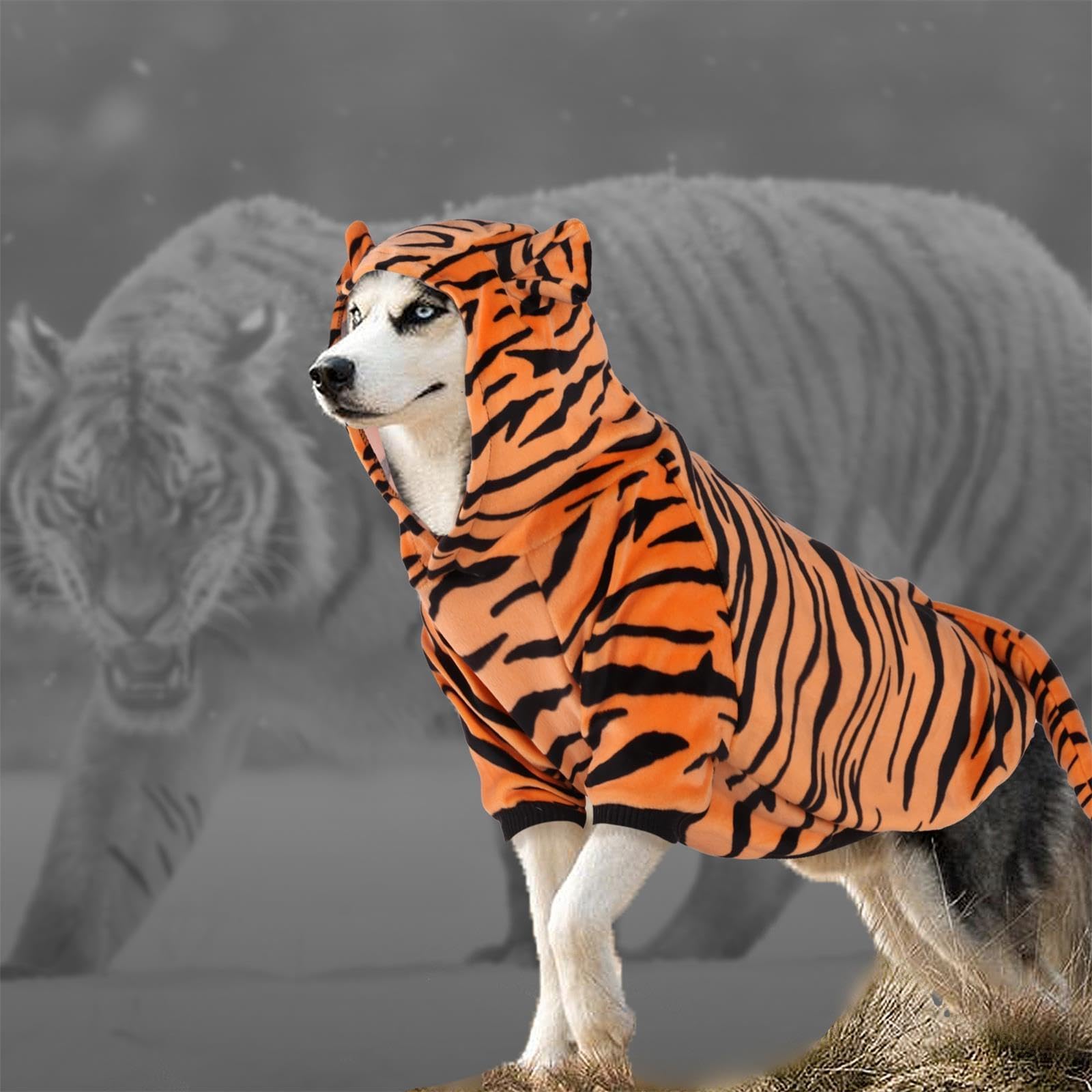 DELIFUR tiger costume hoodie yellow back view shows full-body styling for events