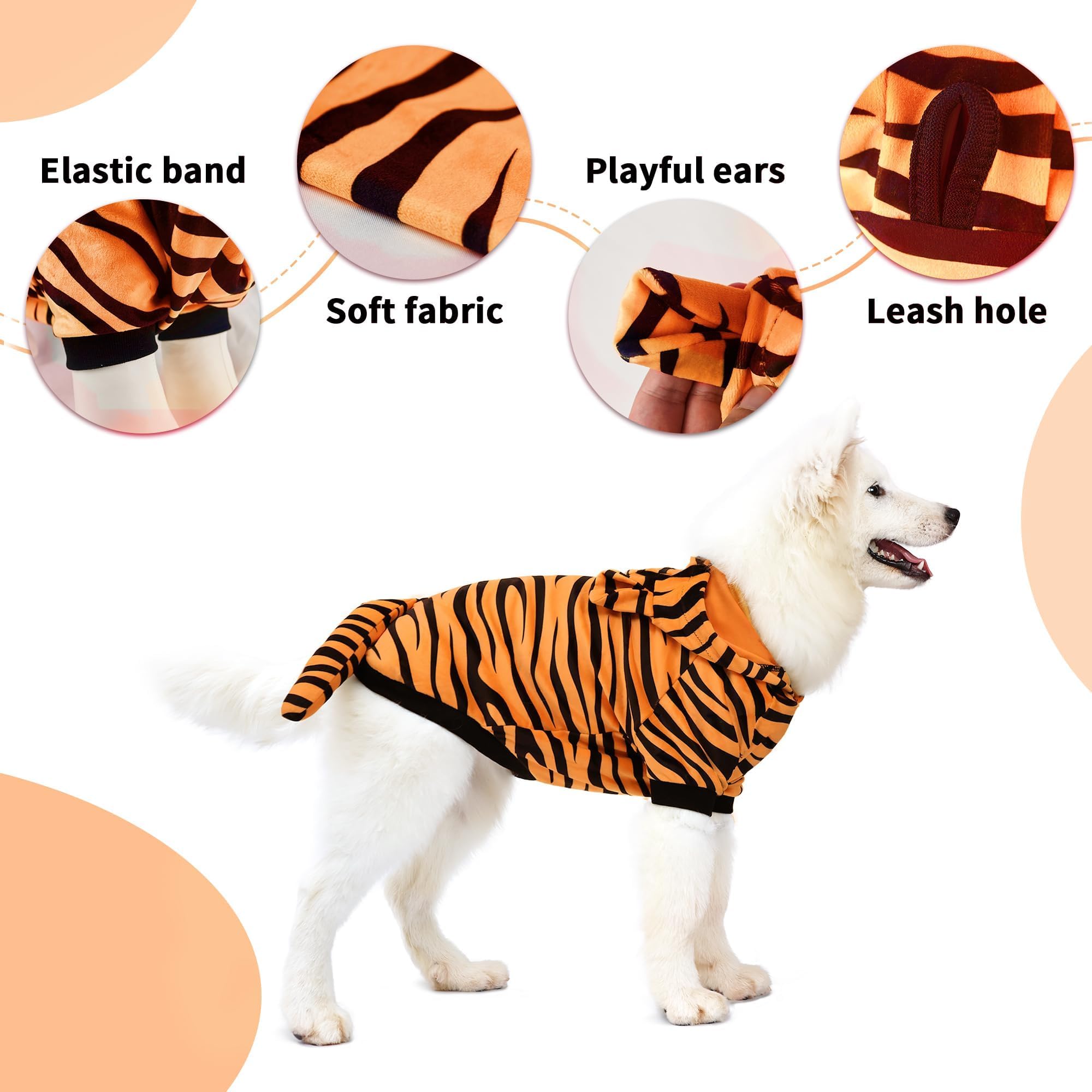 DELIFUR tiger costume hoodie leash hole detail supports easy leash attachment during walks