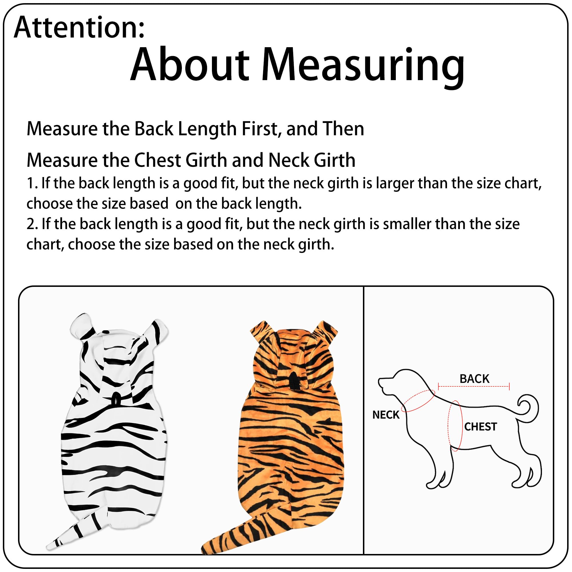 DELIFUR tiger costume hoodie measuring guide image demonstrates proper sizing checks
