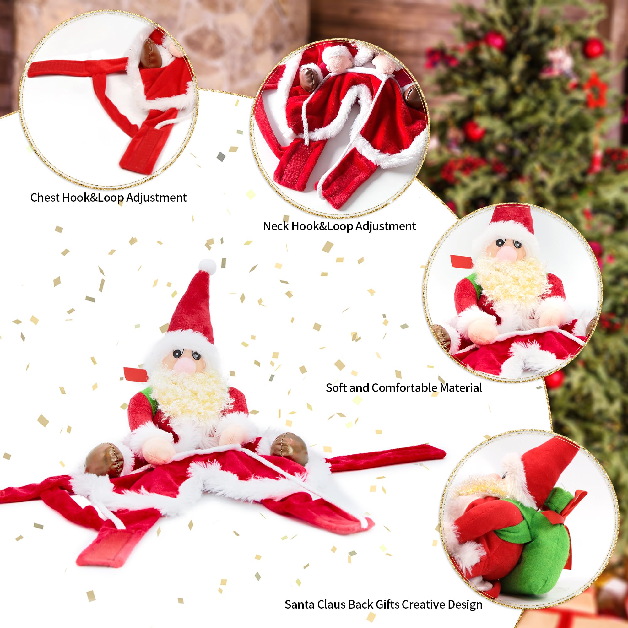 Delifur Santa dog costume uses adjustable hook-and-loop for secure fit.
