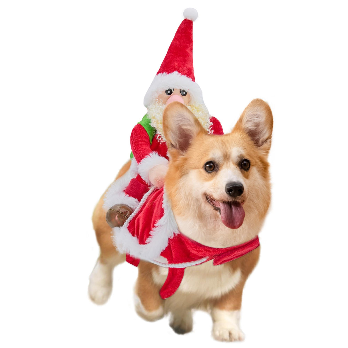 Delifur Santa Dog Costume shows Santa on reindeer for festive pet photos.
