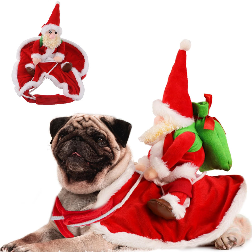 Delifur Santa dog costume shows Santa riding a reindeer for festive photos.