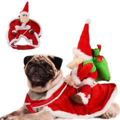 Delifur Santa dog costume shows Santa riding a reindeer for festive photos.