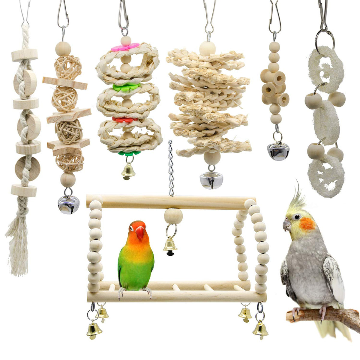 Deloky 7-packs bird toys with hanging swing for enrichment.
