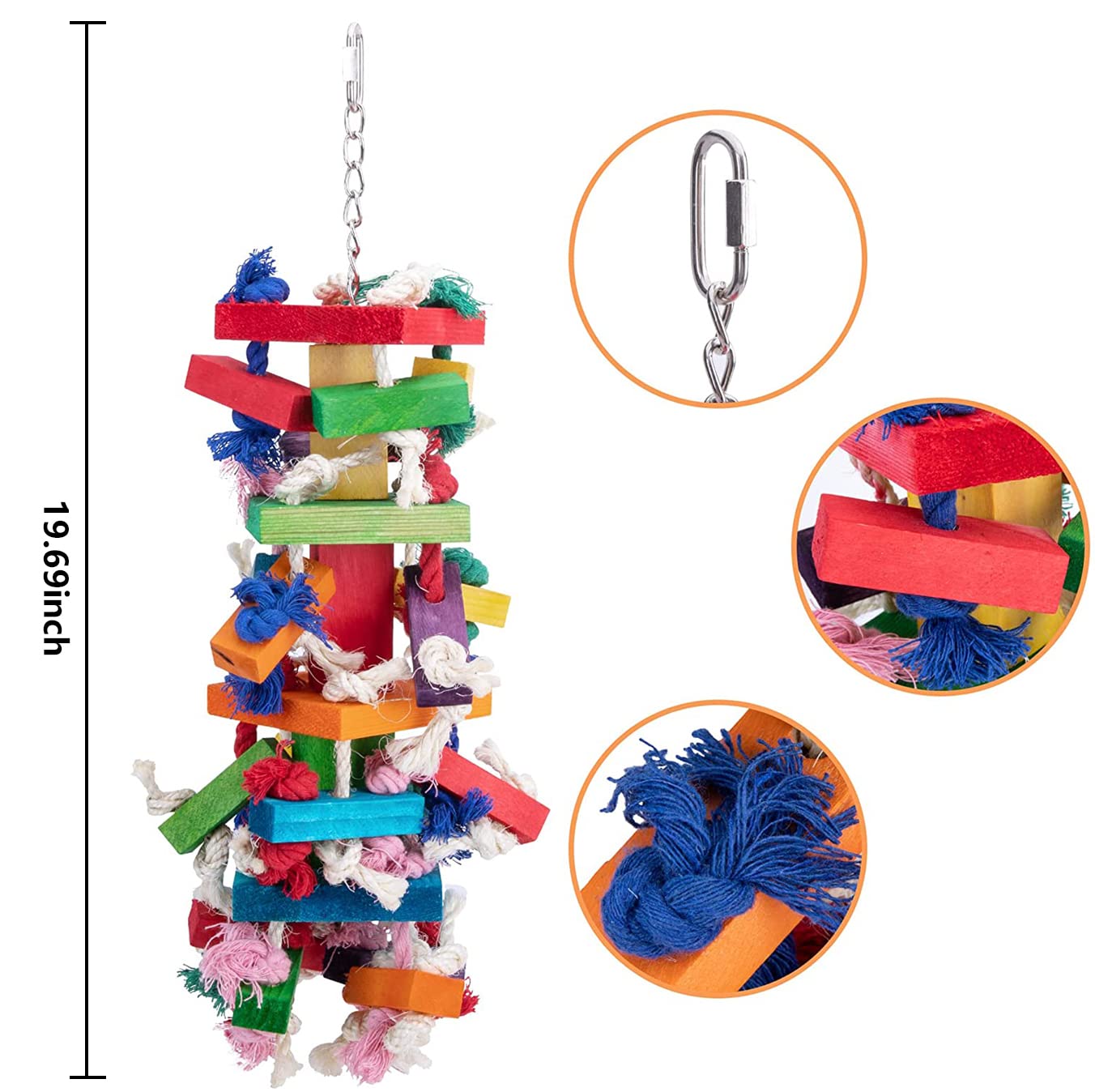 Deloky Bird Block Knots Toy showing hanging chain and rope for durable chewing.