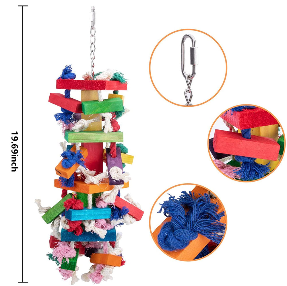 Deloky Bird Block Knots Toy showing hanging chain and rope for durable chewing.