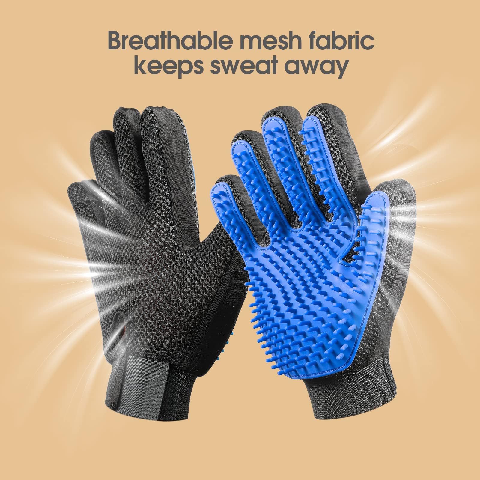 DELOMO blue pet hair remover glove highlighting skin-friendly silicone material.