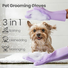 DELOMO dog washing gloves in action with plush-bristle massage and lather.