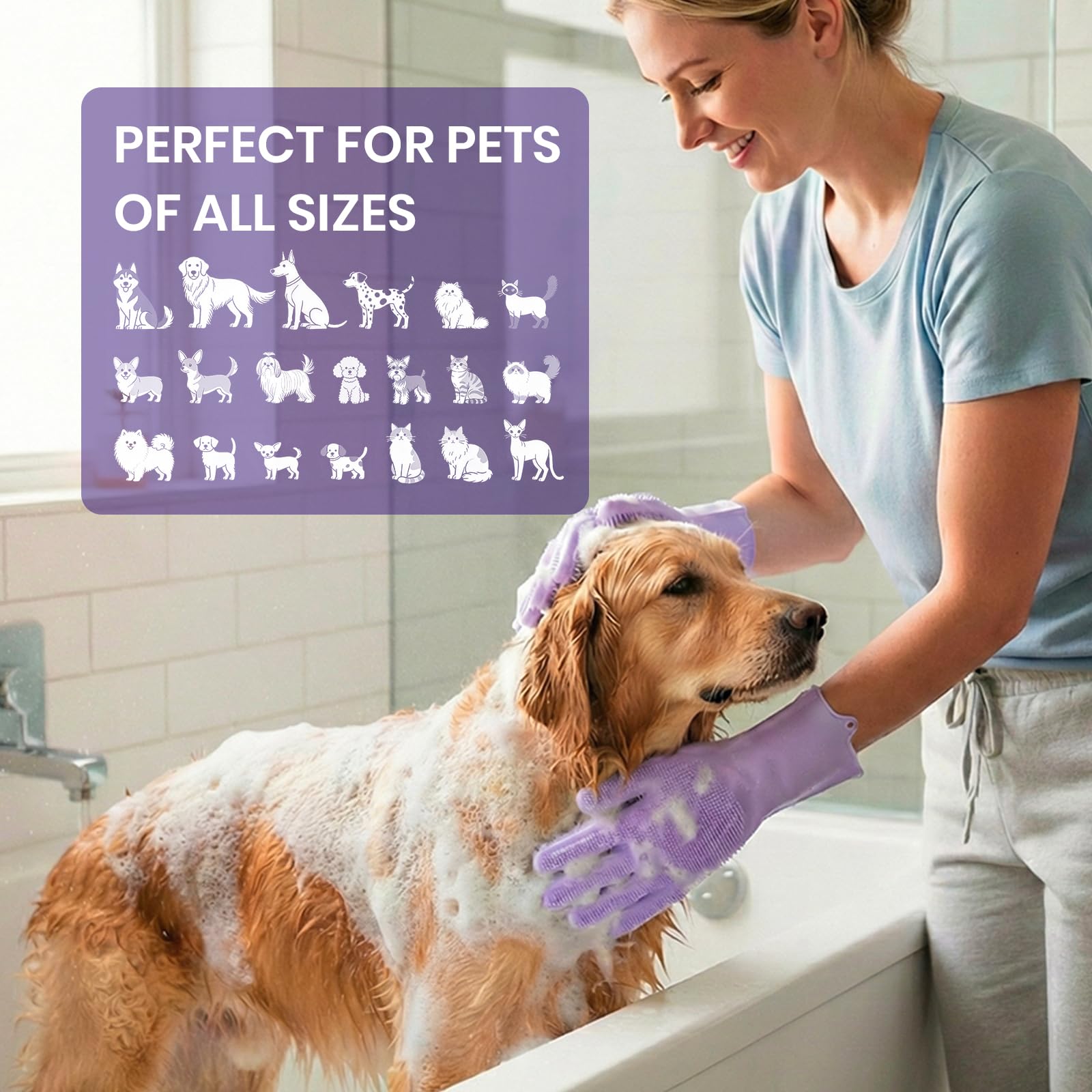 DELOMO dog washing gloves packaging and purple color.