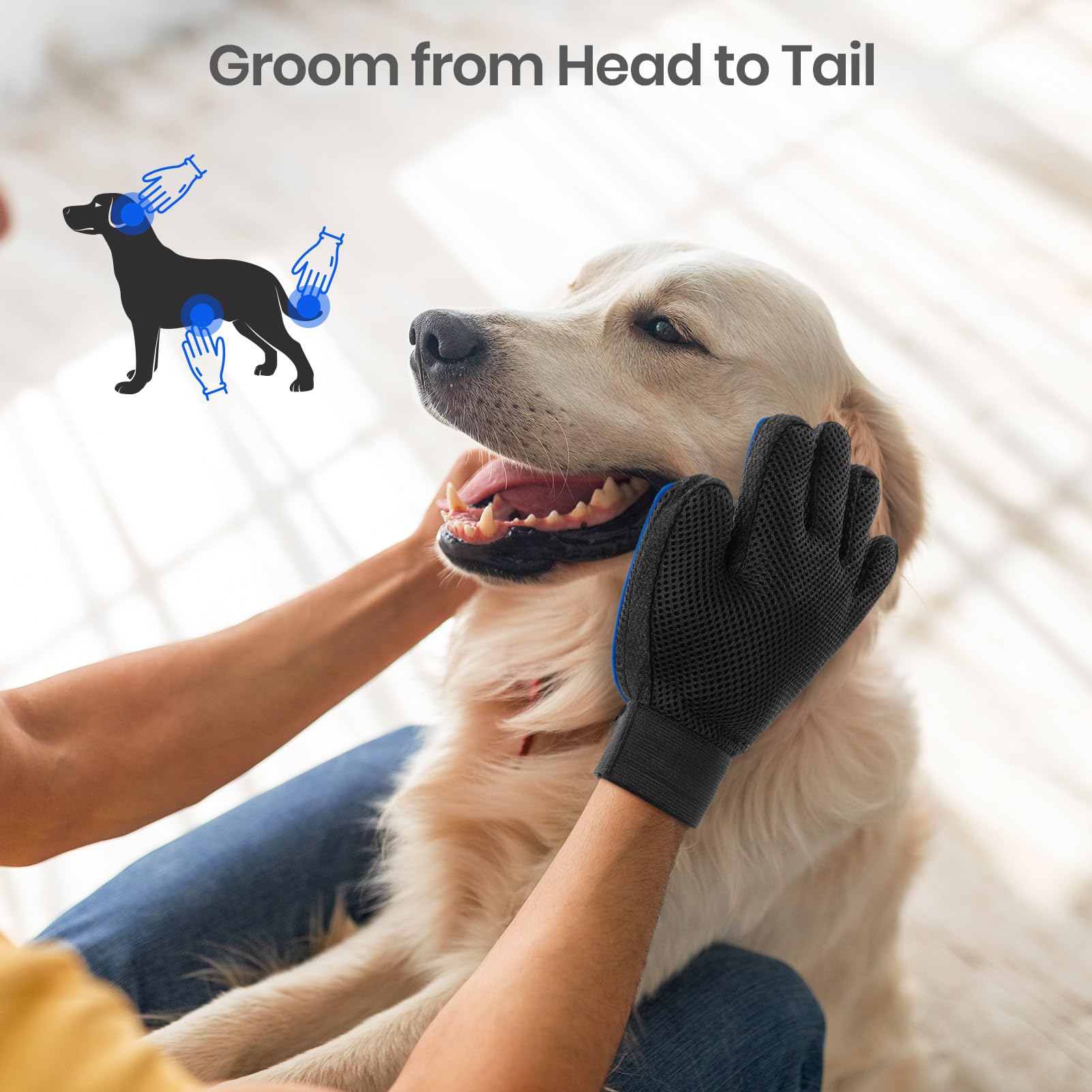 DELOMO Glove close-up—soft bristles deliver comfortable brushing and effective deshedding