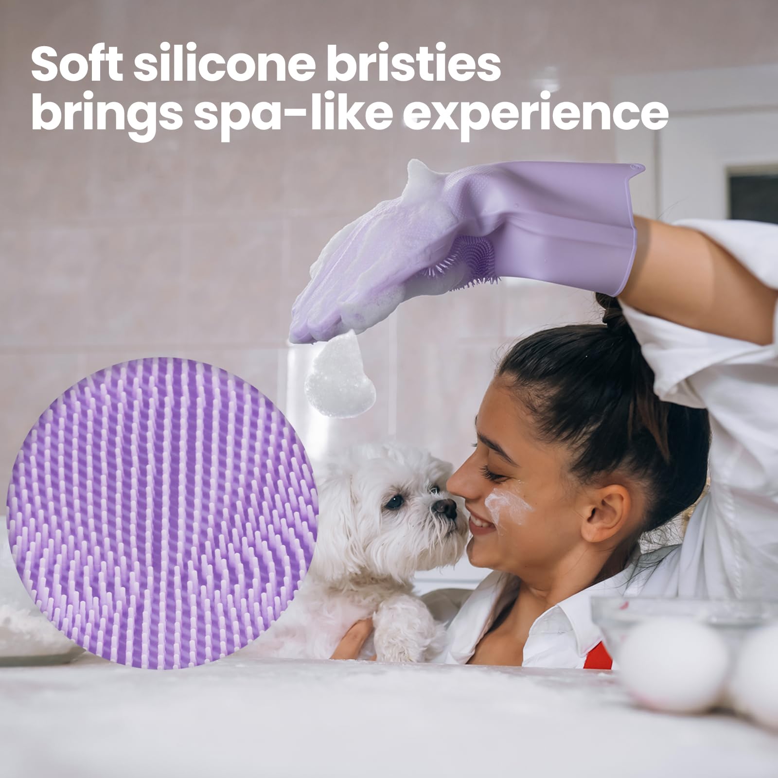 DELOMO dog washing gloves removing fur during bath time.