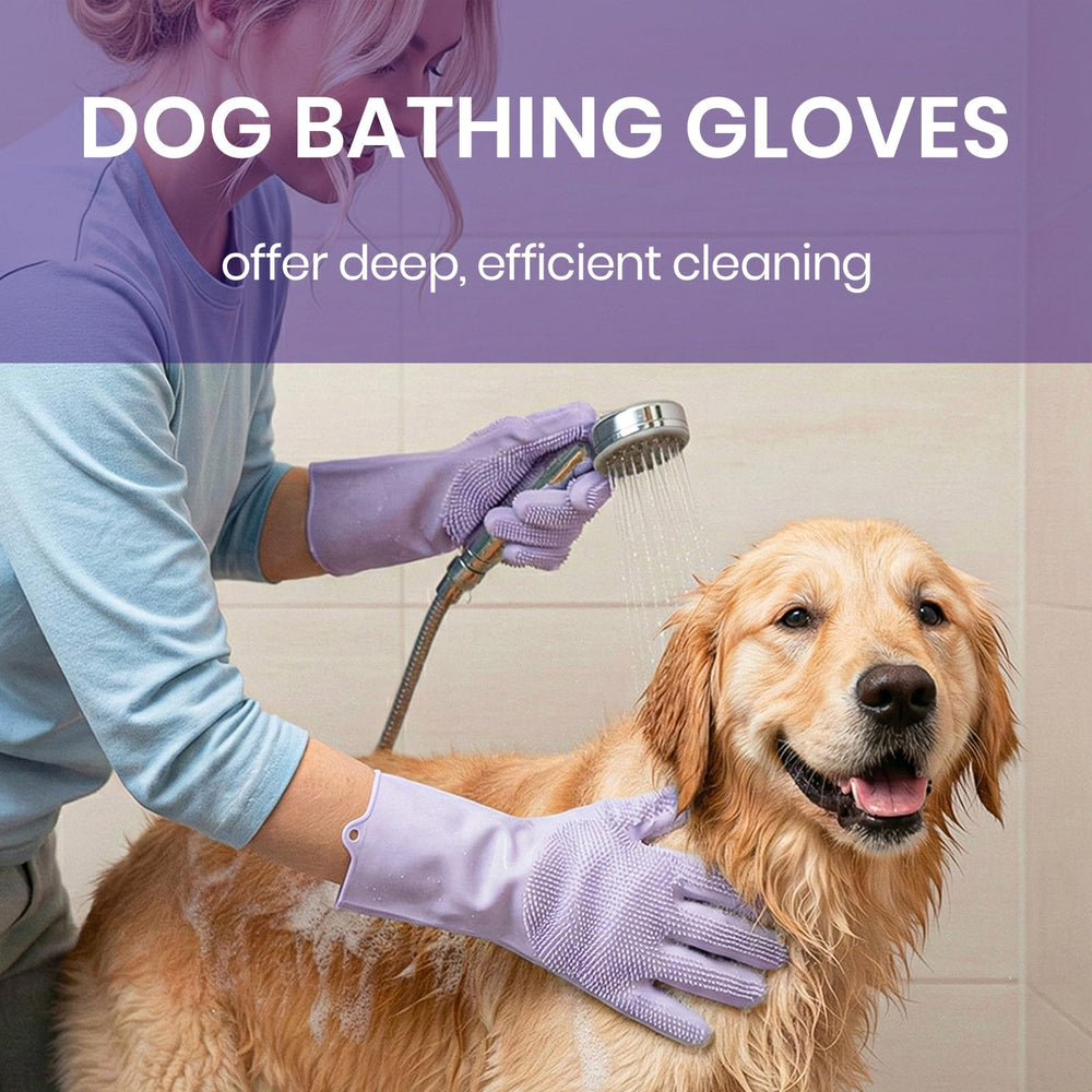 DELOMO dog washing gloves in use on a dog, emphasizing massage.