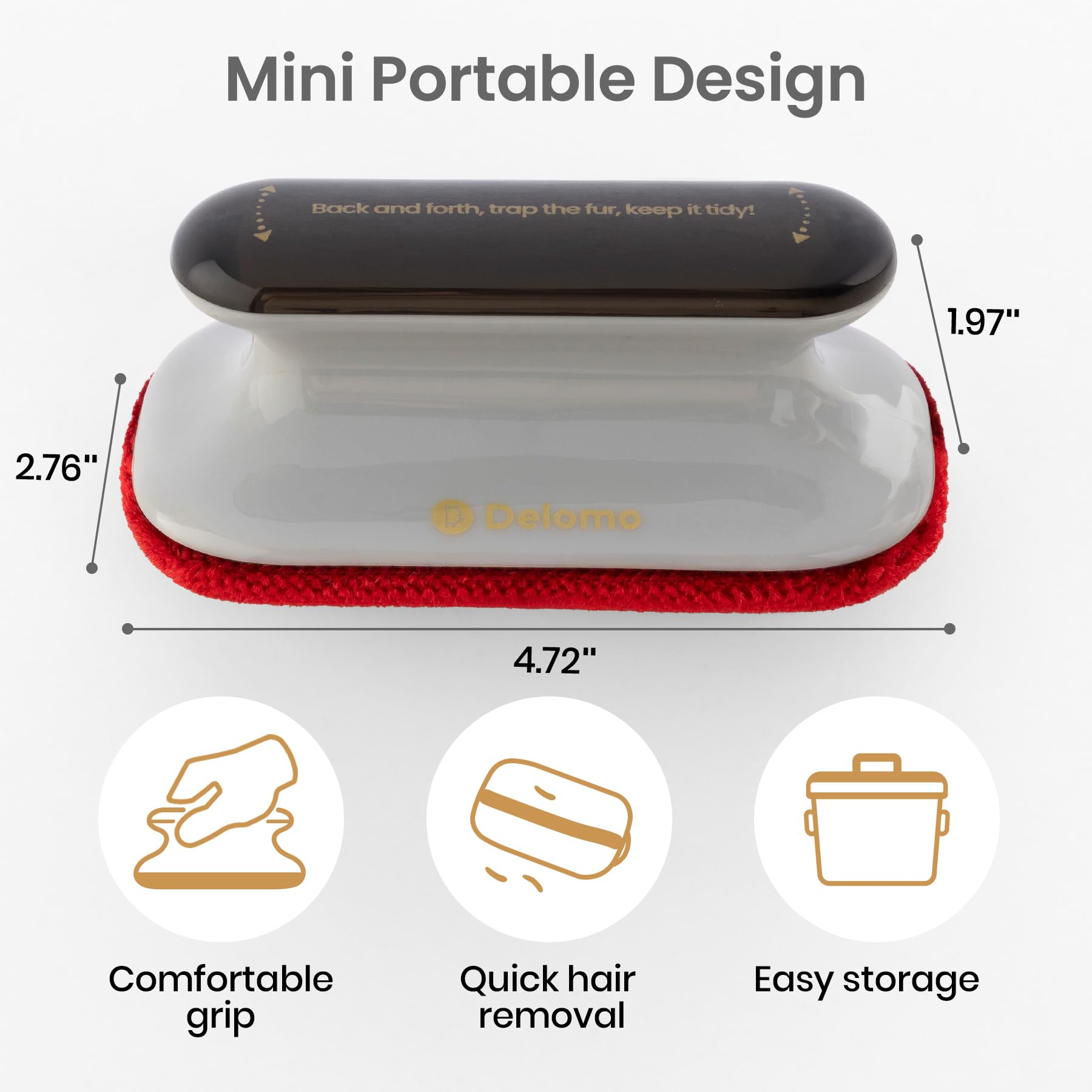 DELOMO Mini Pet Hair Removal Tool demonstrates back-and-forth motion lifting fur.