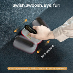DELOMO Mini Pet Hair Removal Tool in action on a cat tree surface removing fur.