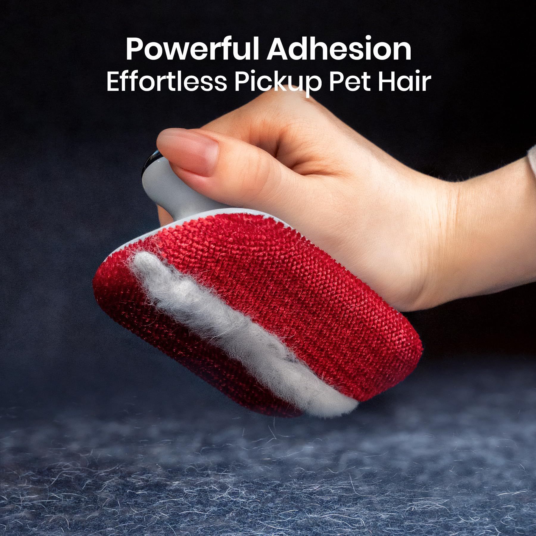 DELOMO Mini Pet Hair Removal Tool used on a fabric sofa to remove stubborn pet hair.