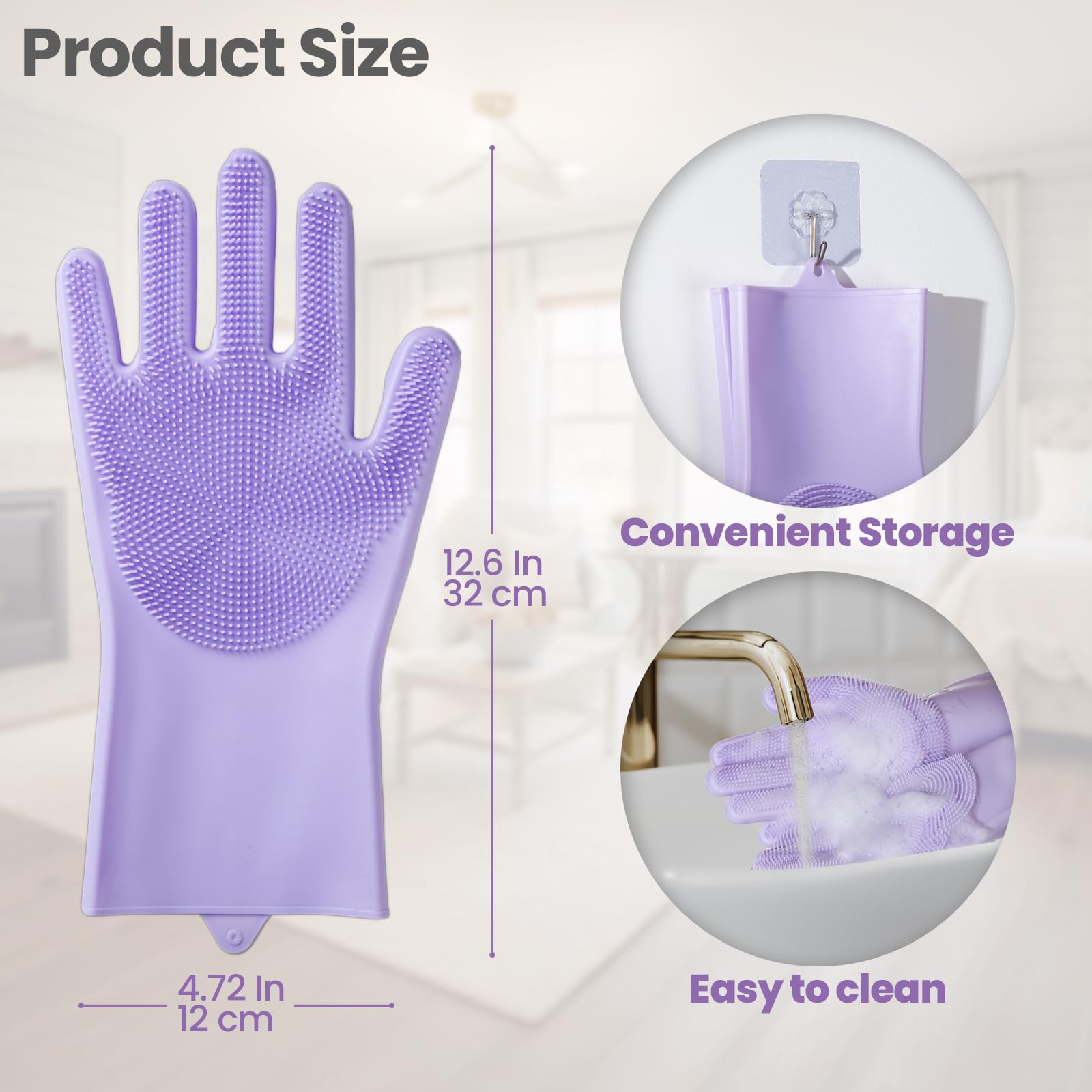 DELOMO multi-purpose gloves shown beside cleaning supplies at home.