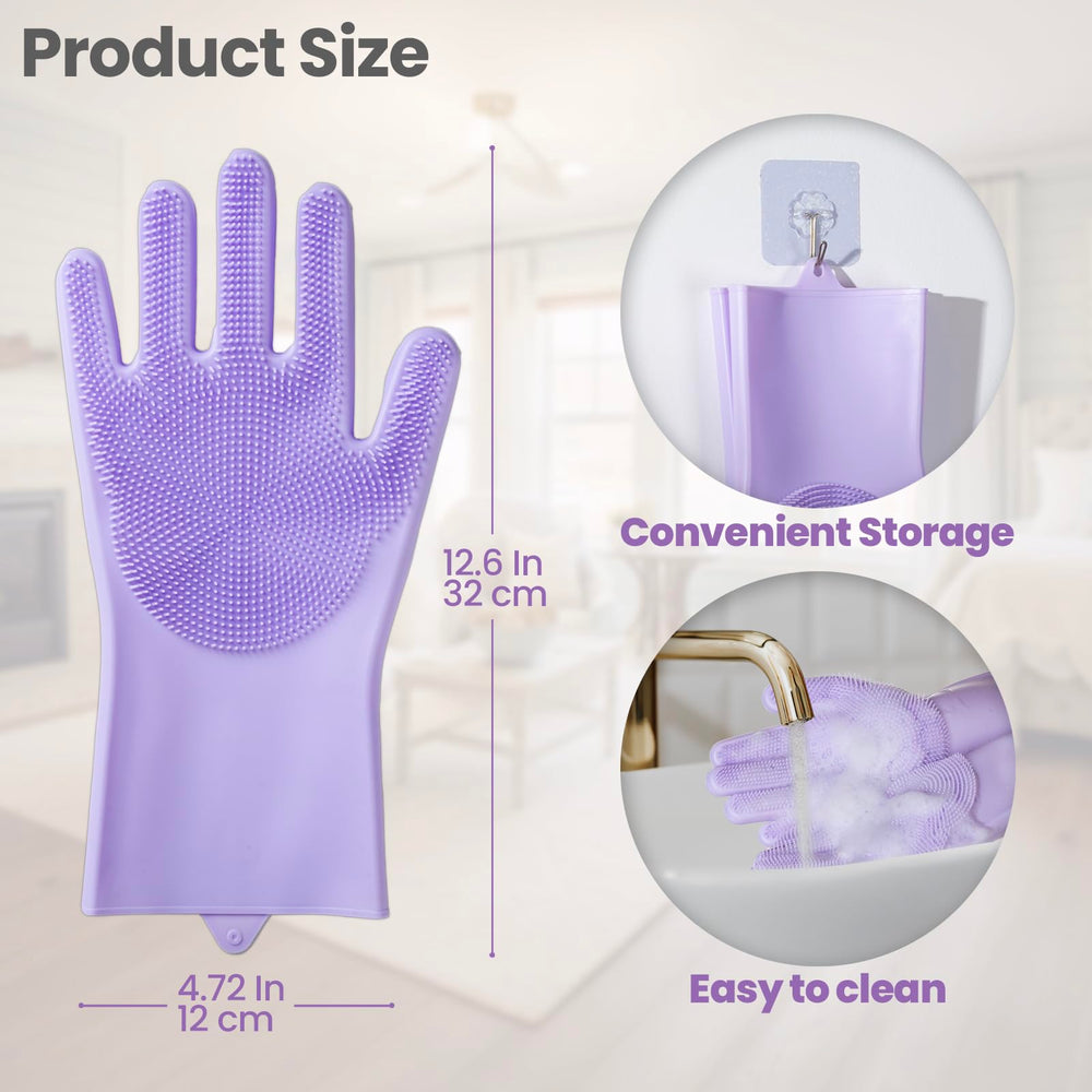 DELOMO multi-purpose gloves shown beside cleaning supplies at home.