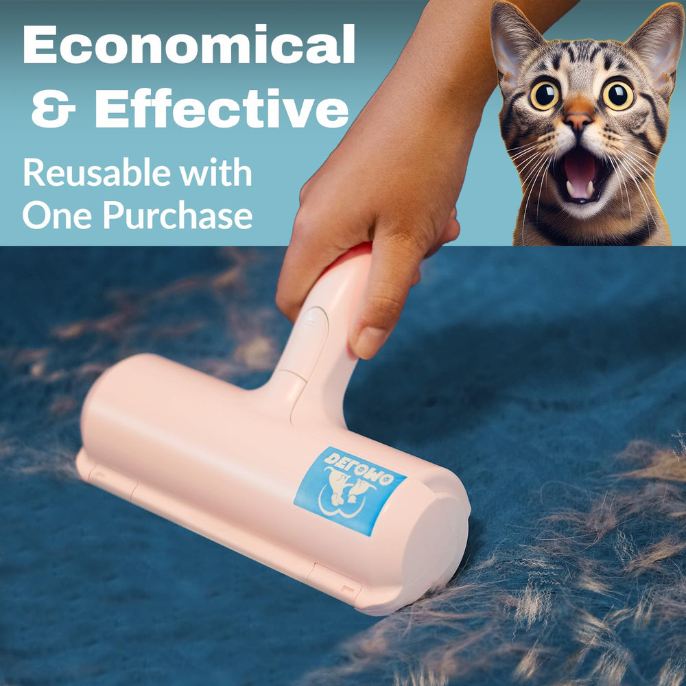 DELOMO Pet Hair Removal Tool used on car seat for quick pet hair cleanup