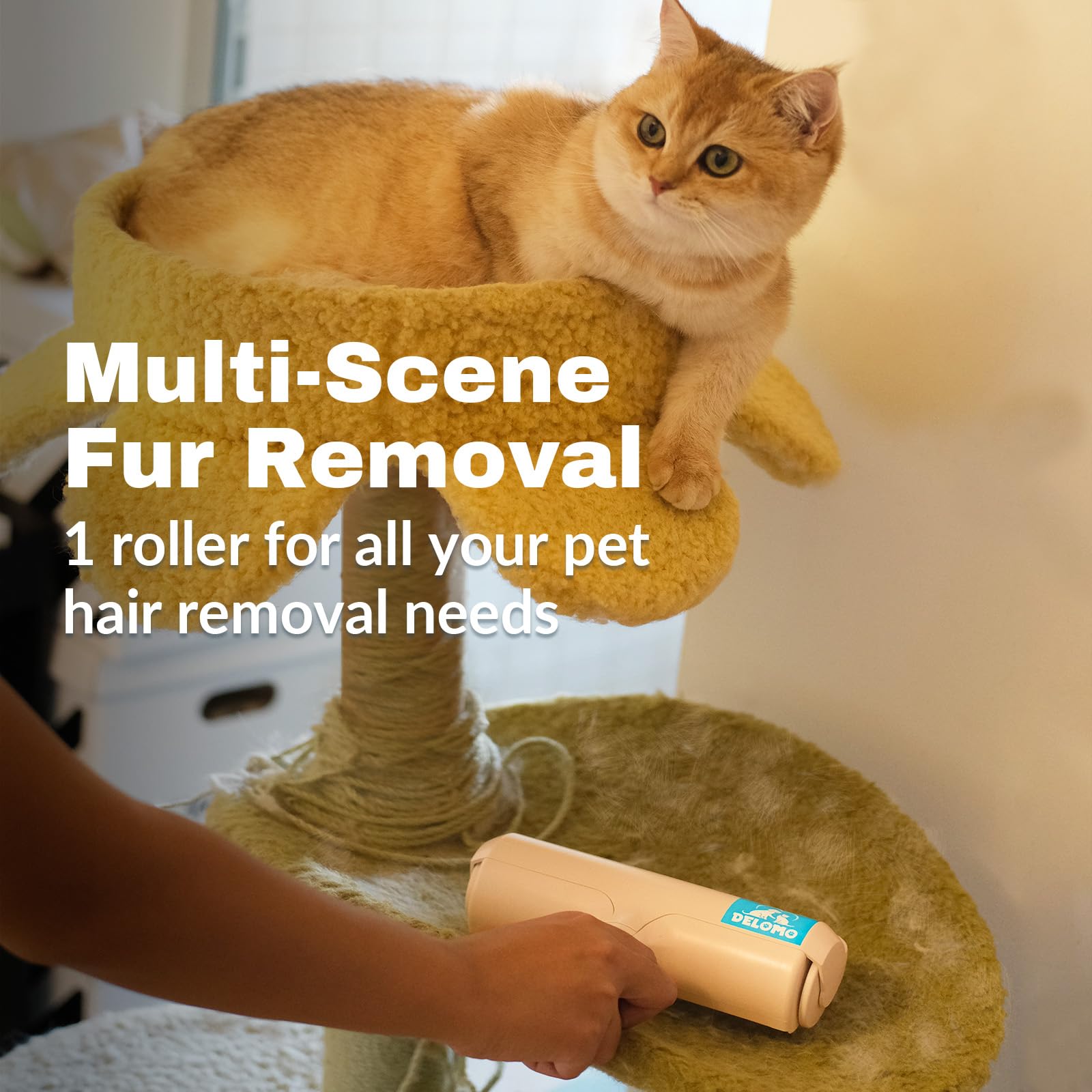 DELOMO Pet Hair Removal Tool with fur bin illustrating self-cleaning operation