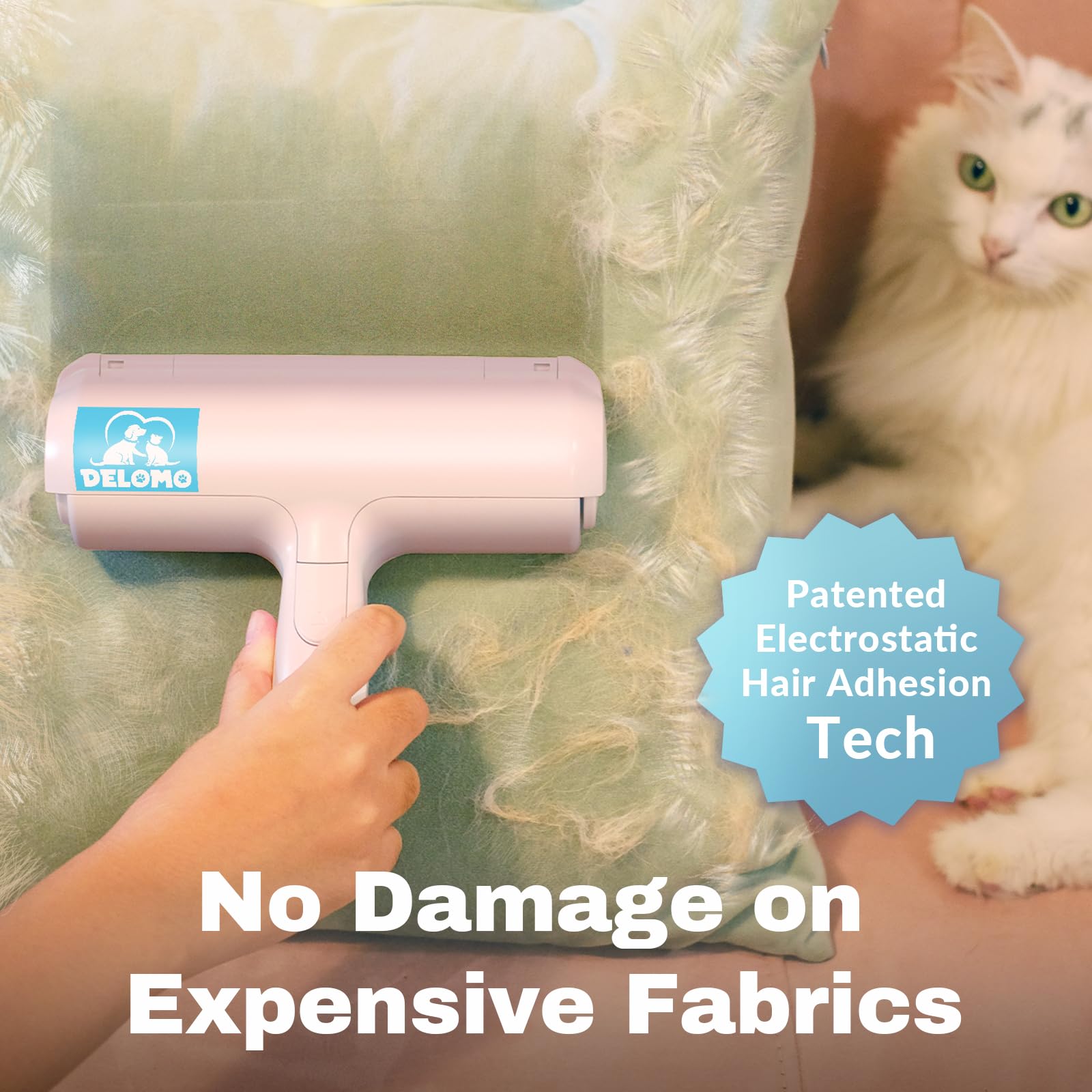 DELOMO Pet Hair Removal Tool in use on sofa showing effective hair lifting