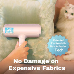 DELOMO Pet Hair Removal Tool in use on sofa showing effective hair lifting
