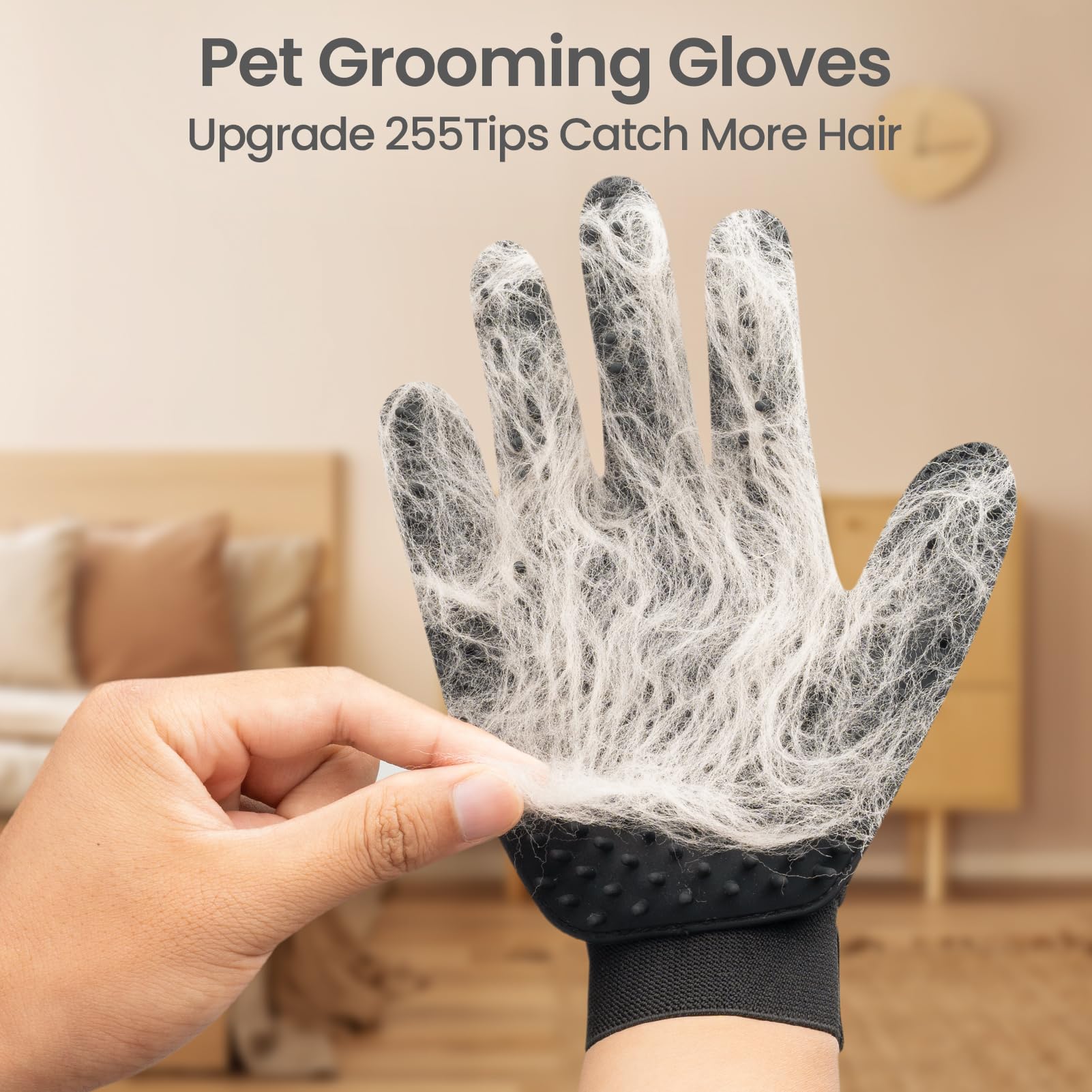 DELOMO Pet Hair Remover Glove close-up shows soft bristles for gentle shedding.