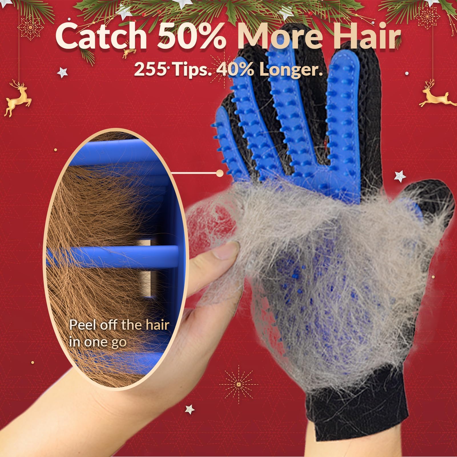DELOMO pet hair remover glove on hand demonstrating flexible slip-on grooming.