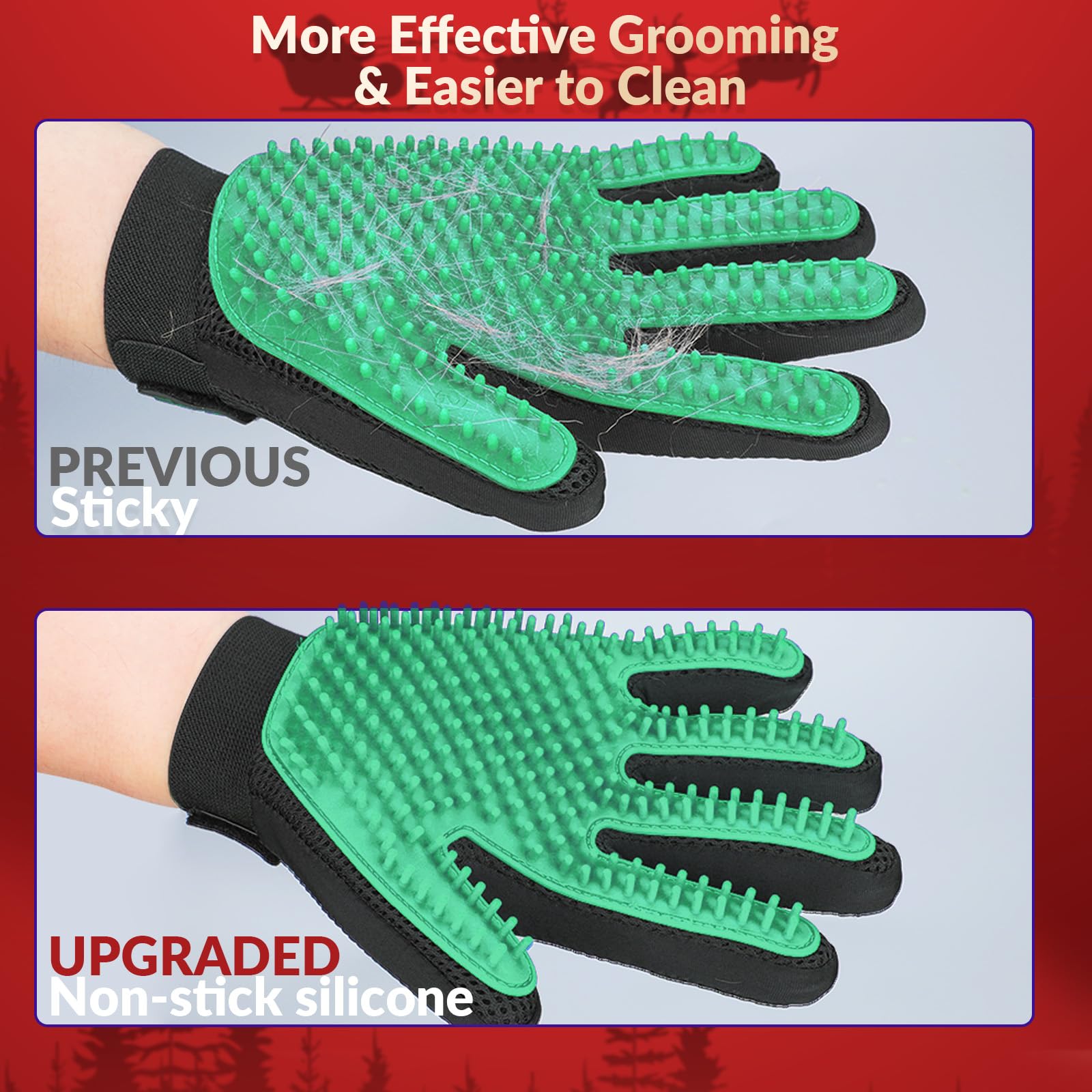 DELOMO gloves in action brushing a dog for quick hair removal and soothing massage