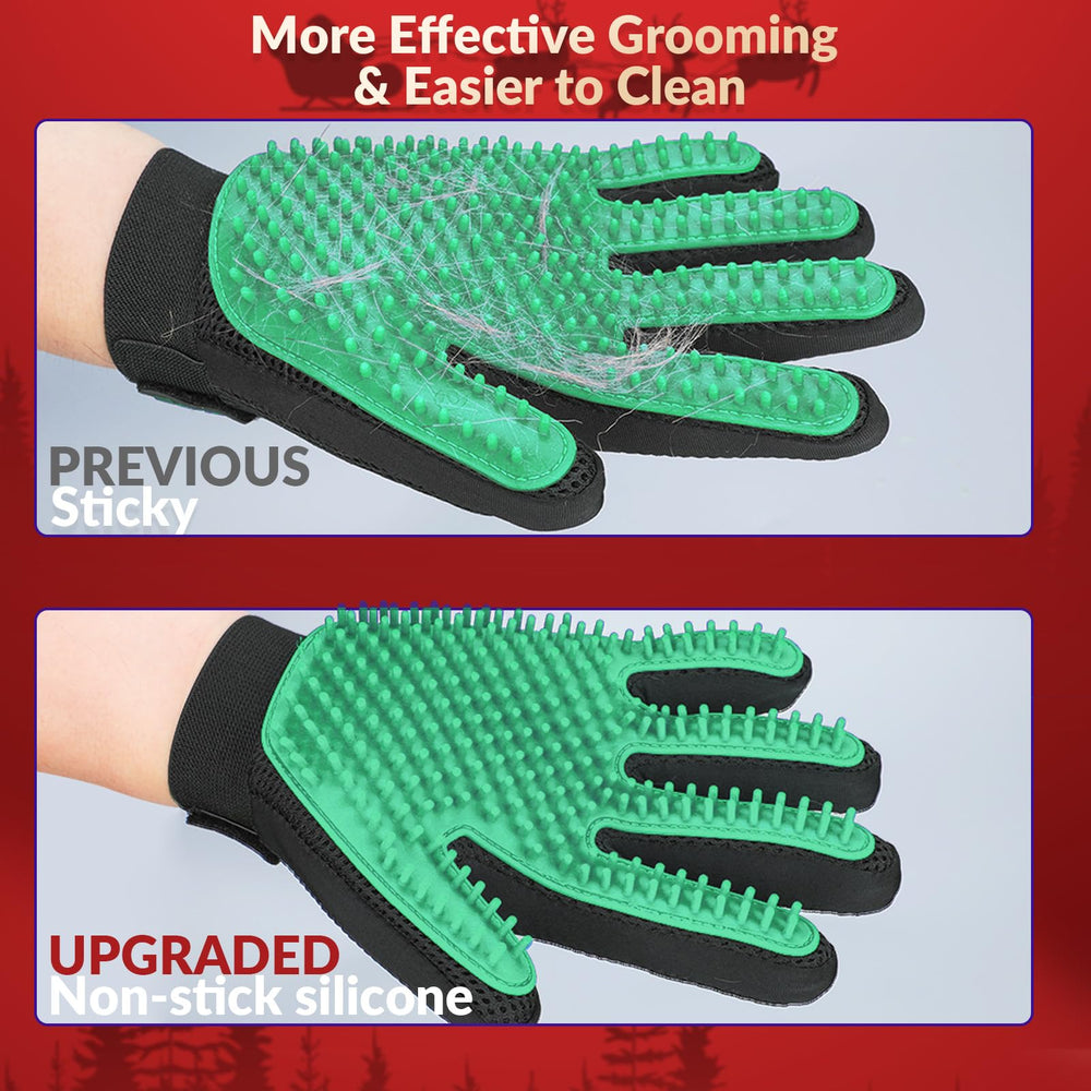 DELOMO gloves in action brushing a dog for quick hair removal and soothing massage