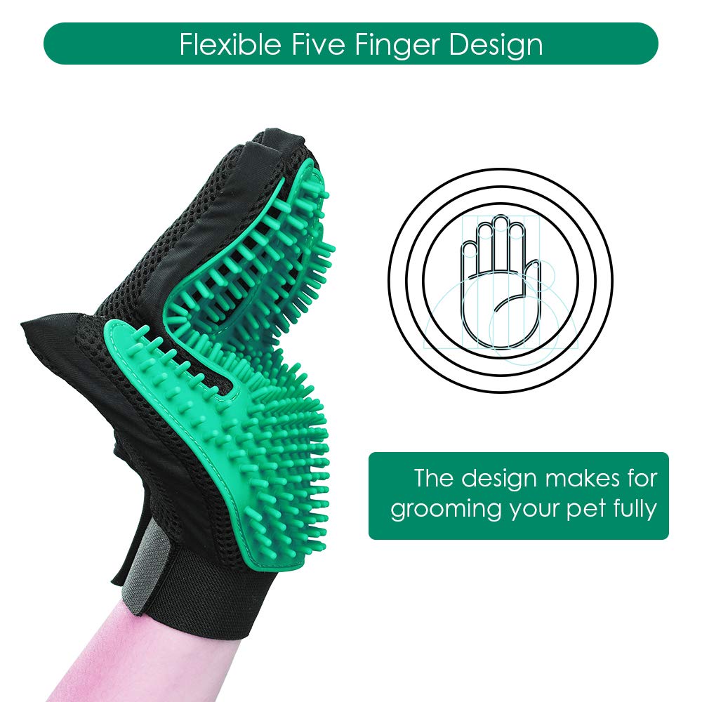 DELOMO five-finger design helps reach tails and faces for thorough grooming