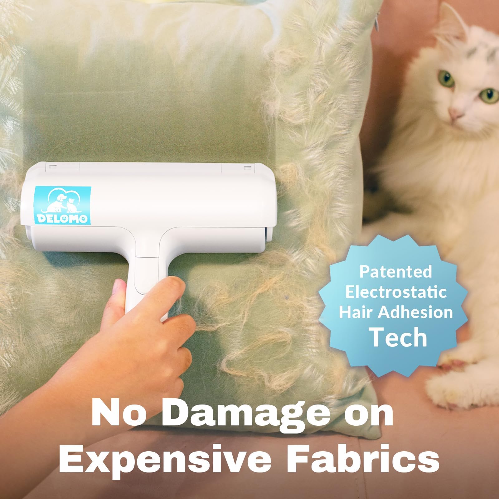 DELOMO Pet Hair Removal Tool used on car seat to remove fur quickly