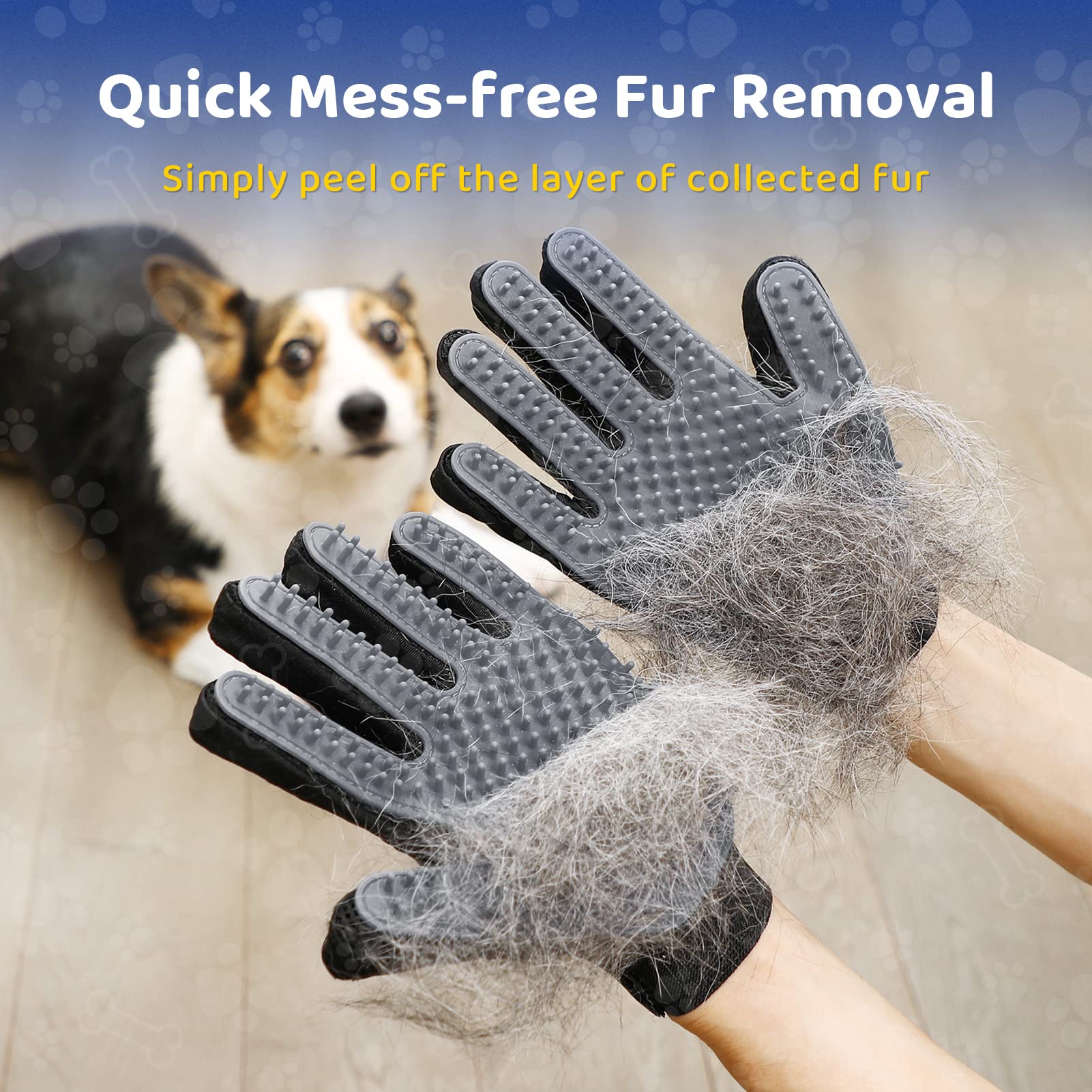 DELOMO glove bathing use demonstrating pet massage and fur removal during bath time