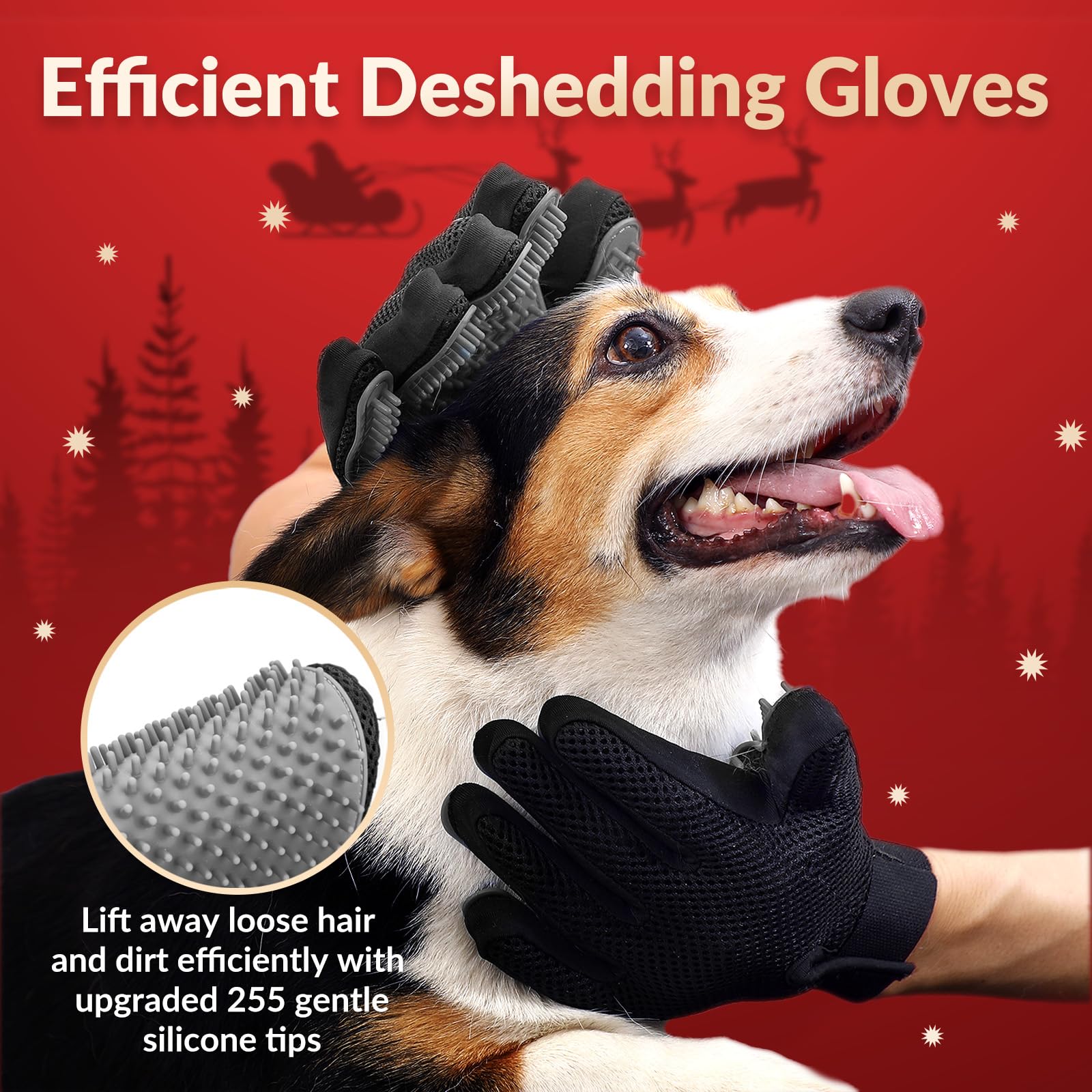 DELOMO grooming glove on hand showing five-finger design for hard-to-reach areas