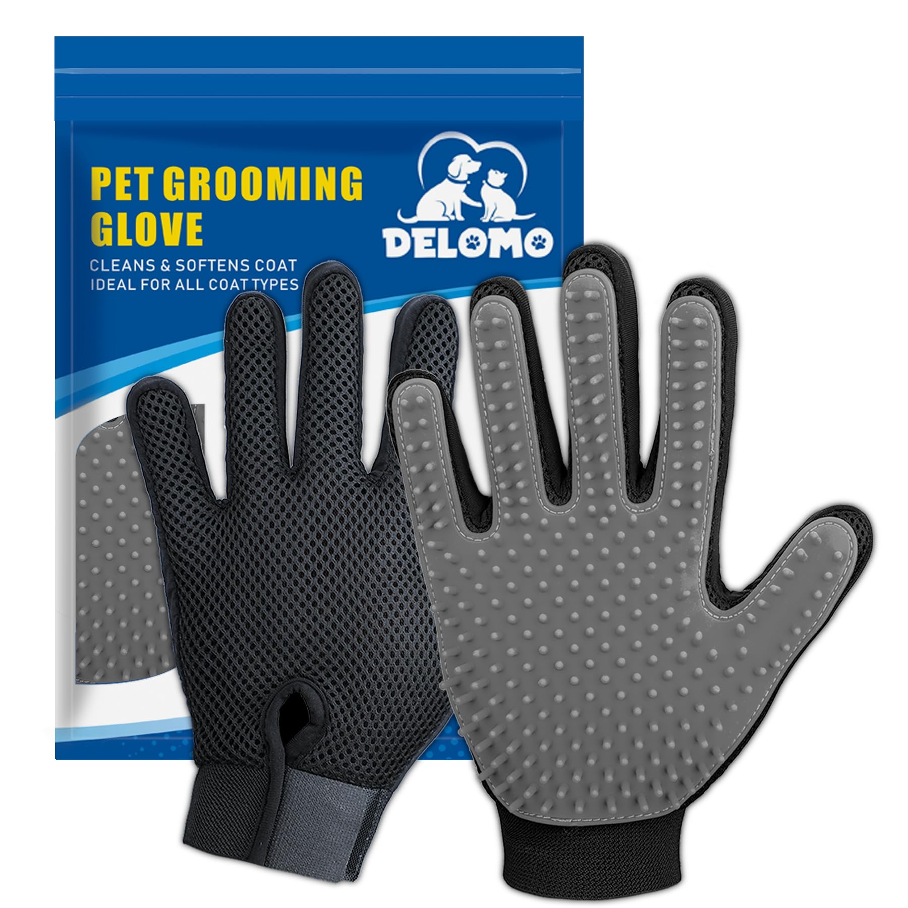 DELOMO upgrade pet grooming glove close-up of silicone tips for gentle deshedding